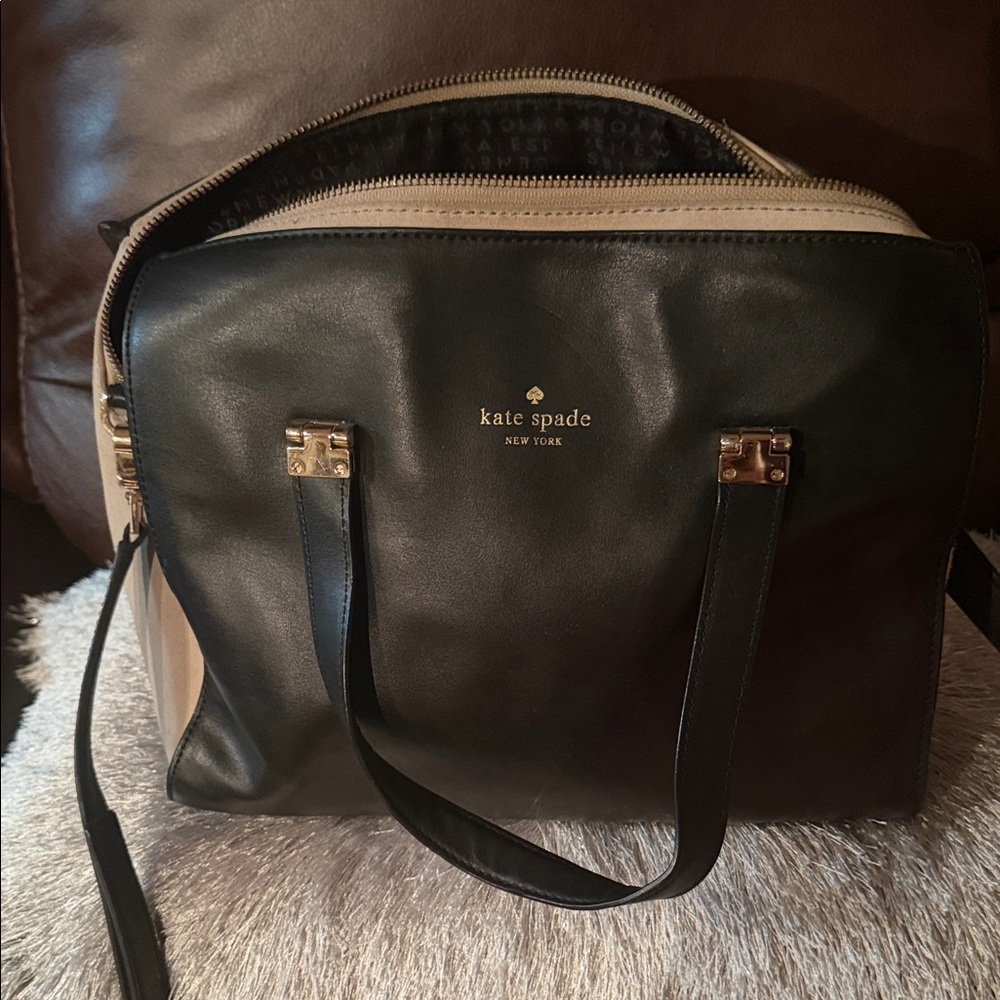kate spade Black and Cream Leather Satchel with Gold Hardware